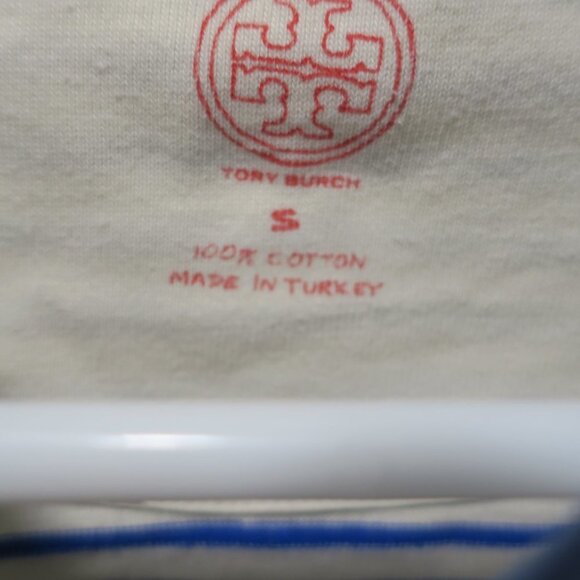 TORY BURCH FLORAL Tee Shirt top 100% cotton striped blue white short sleeves Sml - Picture 5 of 9
